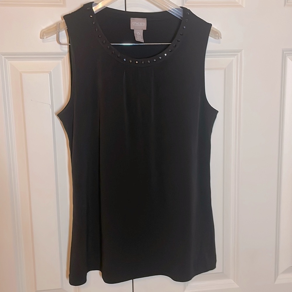 Chicos Sleeveless Black Shell with Black Jewels On Neckline.